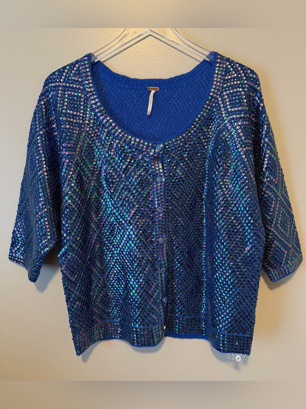 NEW Free People Iridescent Blue Sequins Cardigan  Size Medium